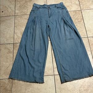 Wide-Leg Pleated Chambray Pants